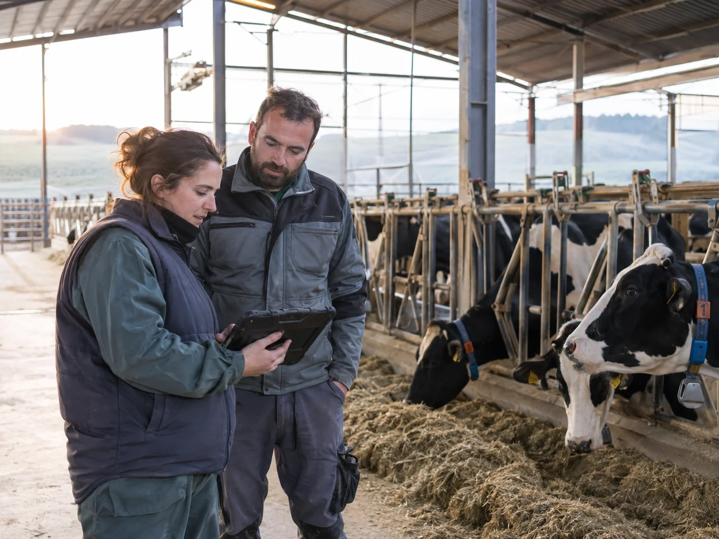 Two people reviewing a tablet beside dairy cattle.