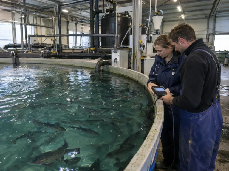 Two people reviewing a handheld device beside a tank of fish.