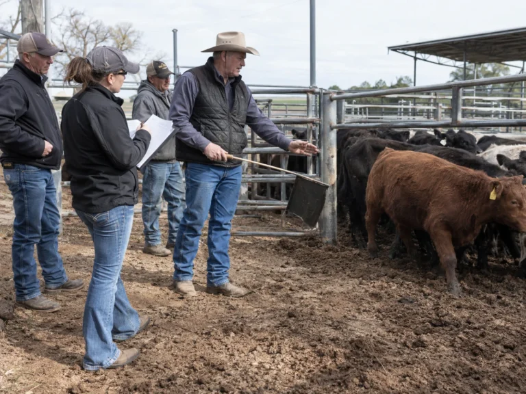 Three people observing cattle in an outdoor handling area.