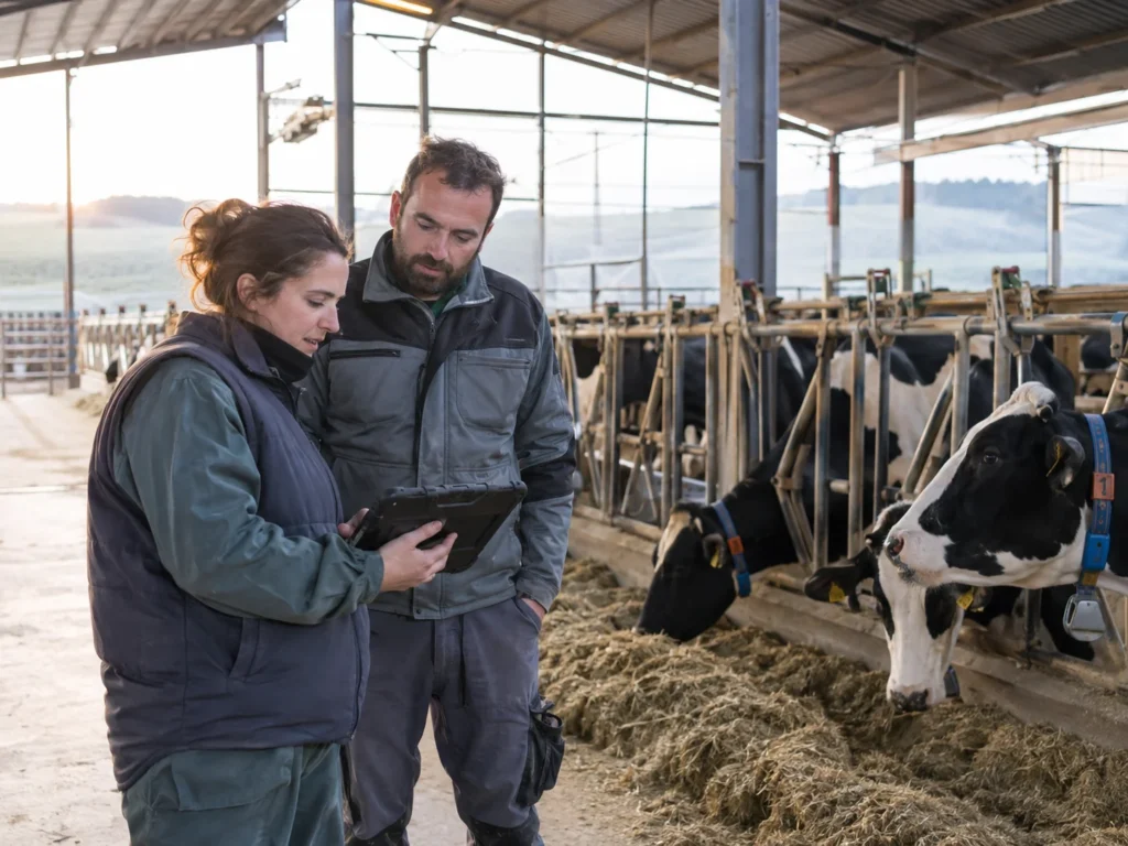 Two people reviewing a tablet beside dairy cows in a barn.