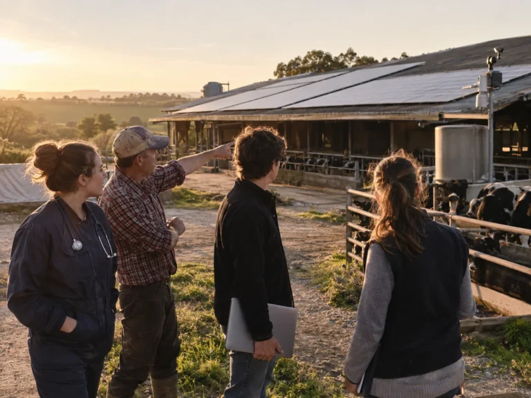 Four people talking outside a farm building in warm evening light.