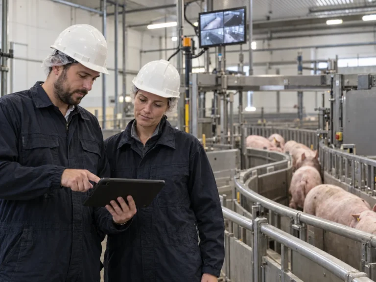 Two people in hard hats reviewing a tablet beside pigs in a handling facility.