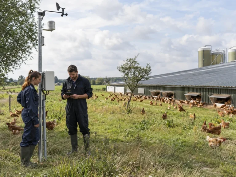 Two people beside a monitoring pole among hens in an outdoor area.