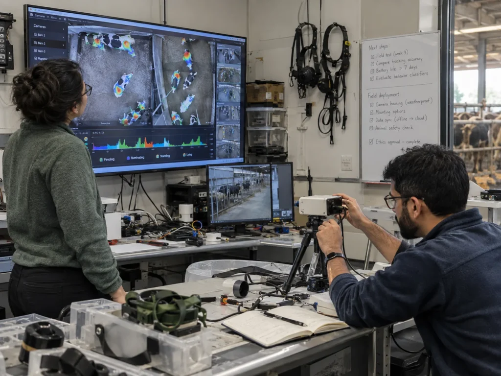 Two people working with cameras and animal-monitoring screens in a laboratory.