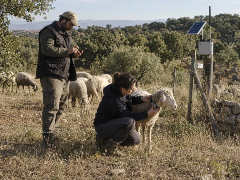 Two people inspecting a sheep in a field beside monitoring equipment.