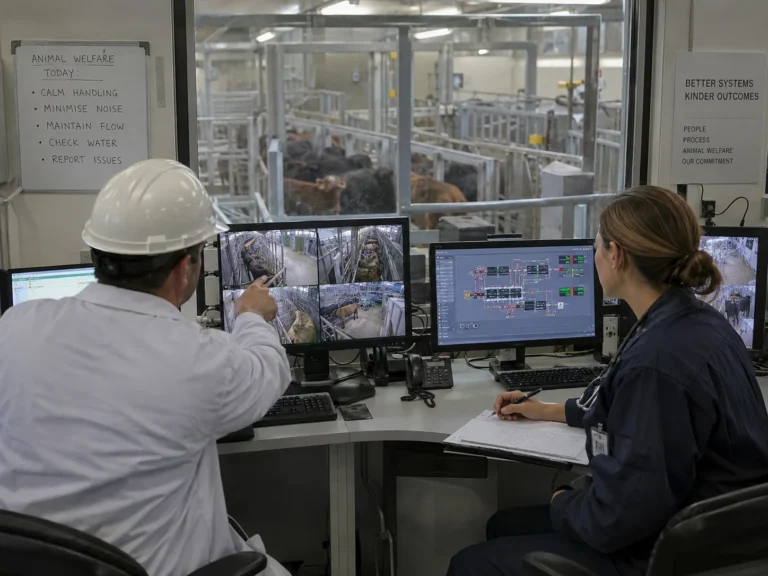 Two people reviewing monitoring screens overlooking a livestock facility.